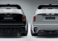 Rear view of two modified luxury SUVs by Mansory, showcasing the height of customization. One black and one gray, these vehicles flaunt dual exhausts and sleek body kits. Among them is a standout Rolls-Royce Cullinan, embodying bespoke elegance and automotive artistry.