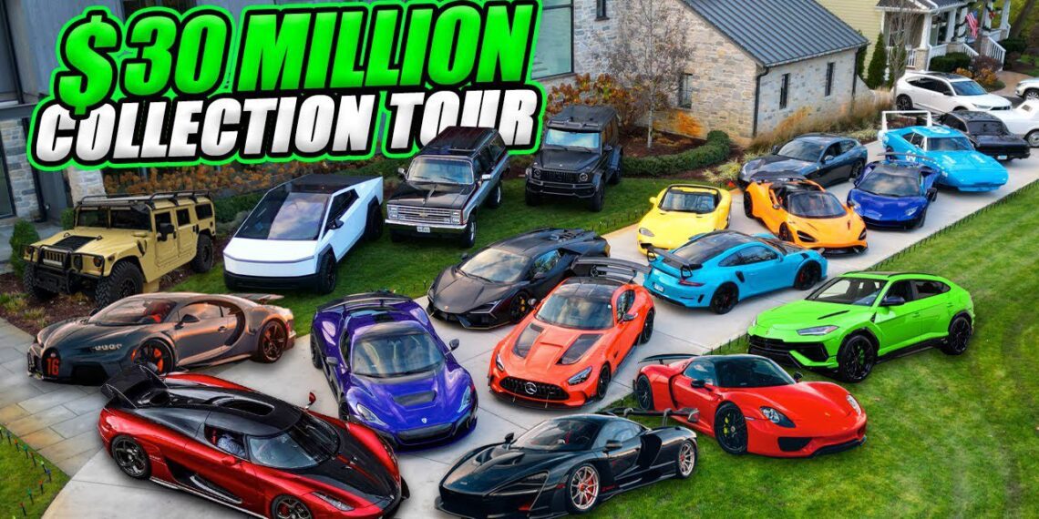 A collection of luxury sports cars, featuring supercars and hypercars in a stunning array of colors, is parked on the driveway. The elegant Hamilton Collection sits before a beautiful house backdrop. The text reads "$30 Million Collection Tour.