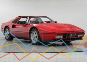 A Ferrari 328 GTS roars in the studio, its sleek red curves accentuated by colorful graph lines and circles, offering a visual symphony of data-driven insights.