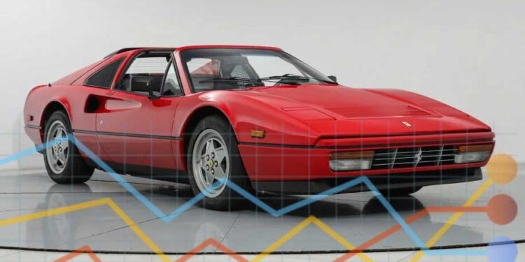 A Ferrari 328 GTS roars in the studio, its sleek red curves accentuated by colorful graph lines and circles, offering a visual symphony of data-driven insights.