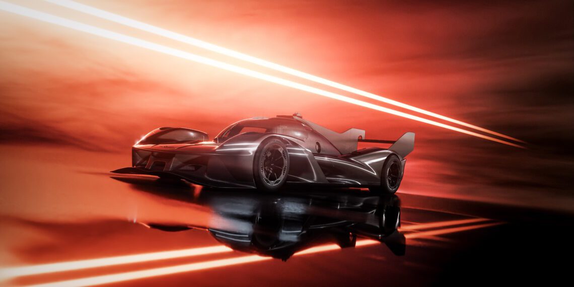 A sleek black Genesis race car on a reflective surface, echoing the adrenaline of sportscar racing, with red and orange light streaks in the background.