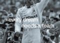 Race car driver in a Mercedes suit celebrates with a crowd. Text reads, "Thank you, Lewis" and "every dream needs a team." Mercedes logos are visible, capturing the spirit of a farewell documentary honoring Lewis Hamilton.