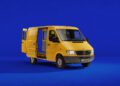 A yellow Mercedes-Benz Sprinter delivery van with its side and rear doors open is displayed against a solid blue background, celebrating the 30th Anniversary of reliable design.