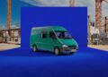 A green Mercedes-Benz Sprinter van is parked on a vivid blue background, with a construction site and cranes visible in the distance, perfectly capturing the spirit of its 30th Anniversary.