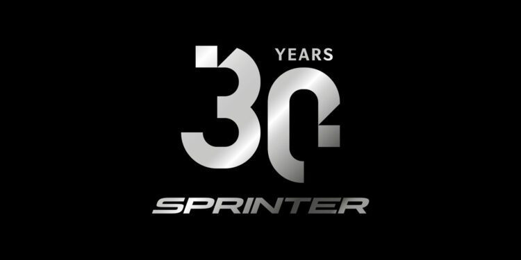 Silver "30 Years Sprinter" logo on a sleek black background, celebrating the 30th Anniversary of the iconic Mercedes-Benz Sprinter.