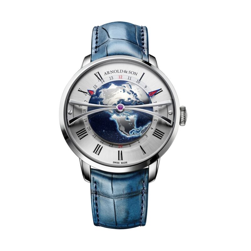 A top choice among the best luxury watches, this exquisite timepiece showcases a world map design on its dial, complemented by Roman numeral hour markers and a sleek blue leather strap.