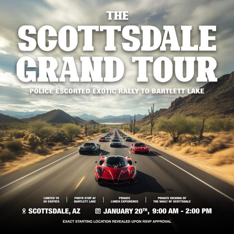 Exotic cars cruise along a desert highway, mountains rising majestically in the background. The text reads "The Scottsdale Grand Tour" with event details: January 20th, 2025, 9:00 AM - 2:00 PM. Part of Arizona Car Week, proudly featured by duPont REGISTRY.