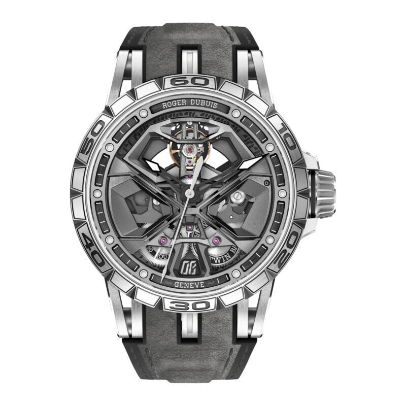 This is one of the best luxury watches, featuring a complex gray dial with visible gears and a sleek black and gray strap. The bezel is intricately marked with numbers, proudly inscribed with "Roger Dubuis.