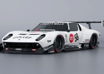 A sleek, custom Lamborghini sports car with a wide body kit by Liberty Walk, racing decals, a prominent rear wing, and number 58 displayed, set against a neutral background.