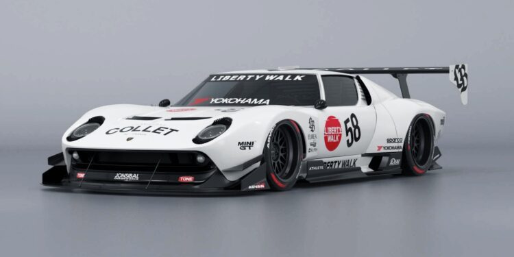 A sleek, custom Lamborghini sports car with a wide body kit by Liberty Walk, racing decals, a prominent rear wing, and number 58 displayed, set against a neutral background.