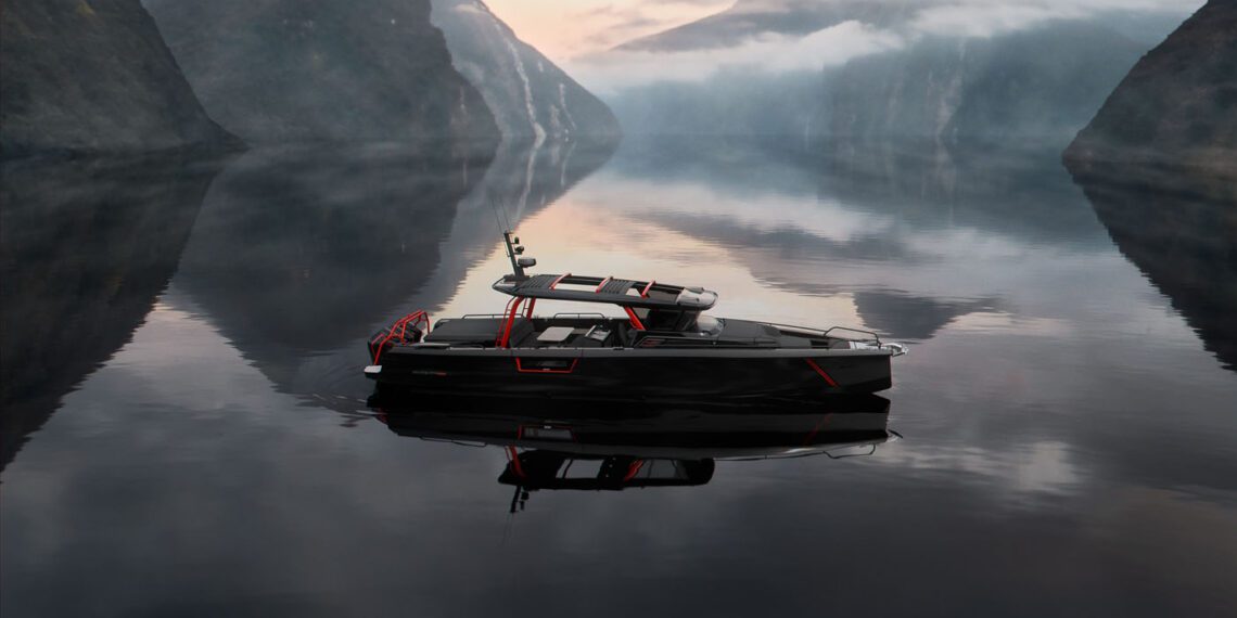 A sleek black boat with red accents glides over calm, reflective water, showcasing a lifestyle of luxury amidst the misty mountains.