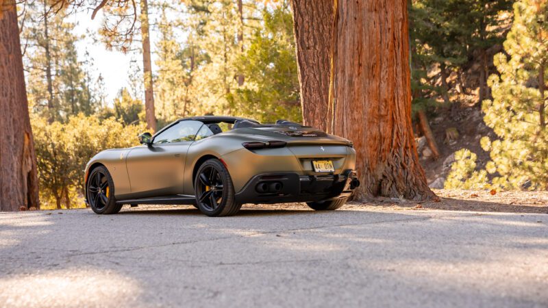 A matte-finish convertible sports car parked on a road surrounded by tall trees in a forest setting.