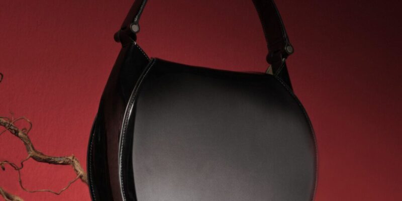 A black leather handbag with a luxurious, curved, semi-circular design is displayed against a vibrant red background.