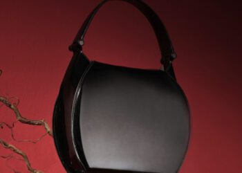 A black leather Ferrari handbag with a curved design sits strikingly against a red background, reminiscent of the elegant curves of the Dino 246, with a dry branch positioned on the left side.