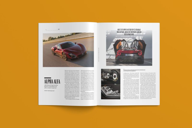 The open duPont REGISTRY magazine features a stunning red sports car on one page, with its sleek rear view, luxurious interior, and sophisticated dashboard displayed on the other. Set against a vibrant orange background, this February 2025 edition captures automotive elegance at its finest.