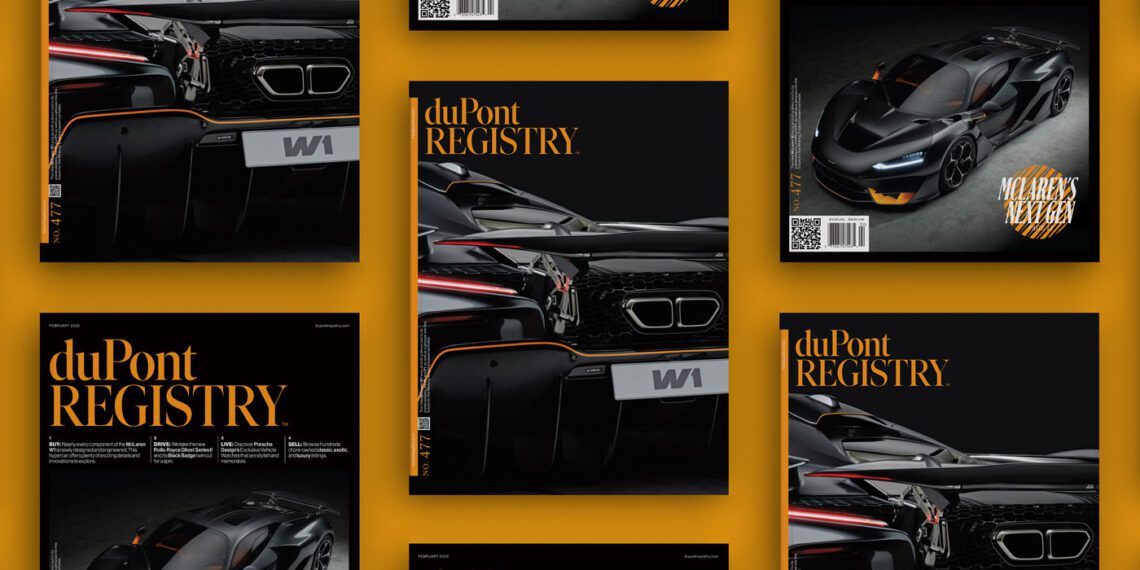 Multiple copies of duPont REGISTRY No. 477, featuring a sleek black sports car on the cover, are arranged neatly on a vibrant yellow background. The February 2025 issue captures the essence of luxury and performance in every detail.