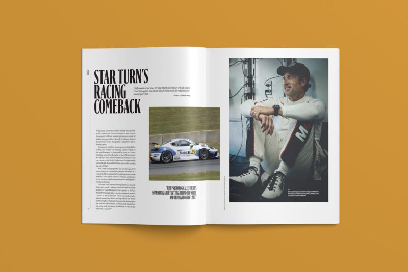 The February 2025 duPont REGISTRY issue spotlights "Star Turn's Racing Comeback," with a stunning race car on one page and a person in a cap sitting against an orange background on the opposite, capturing the blend of speed and style.