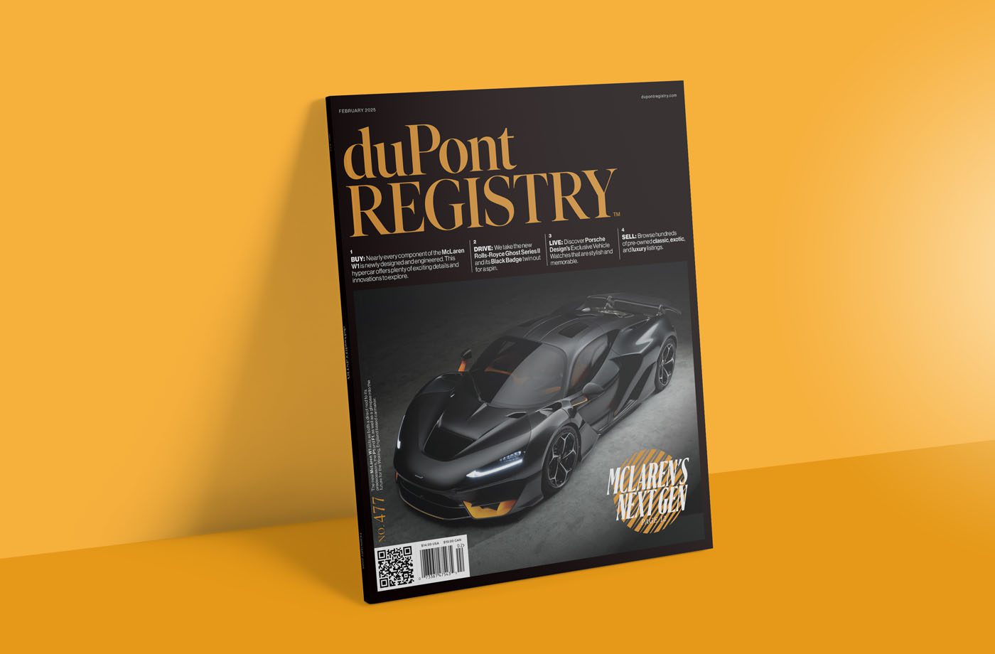 Magazine cover showcasing a sleek black sports car under the headline "McLaren's Next Gen" against a vibrant yellow backdrop. Featured in duPont REGISTRY's No. 477, February 2025 edition, it promises an exclusive look into future automotive innovations.