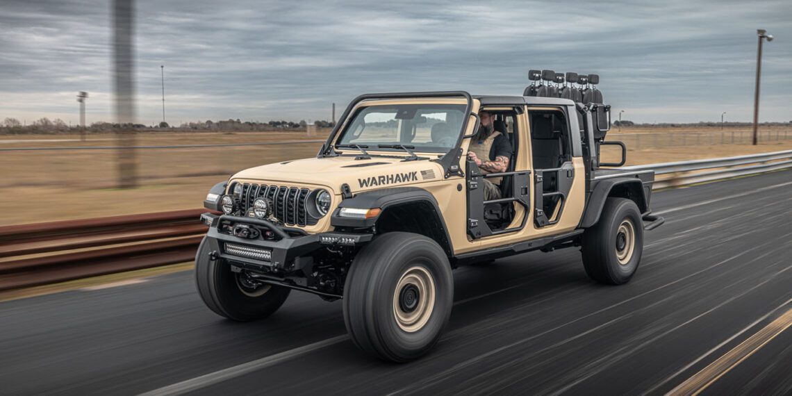 A beige modified off-road vehicle with large tires and no doors drives on a road, proudly labeled "WARHAWK" by Hennessey Defense Systems. A person is visible in the driver's seat.