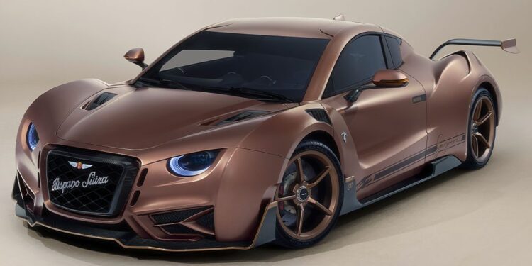 The Hispano Suiza Carmen Sagrera, a bronze-colored hypercar with a sleek, aerodynamic design and prominent rear spoiler, is captured in a studio setting.