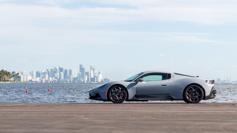 A sleek gray sports car parked by the water with a city skyline in the background on a clear day.