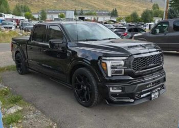A black pickup truck is parked on a concrete lot, surrounded by the bustle of cars and SUVs against a backdrop of trees and industrial buildings.
