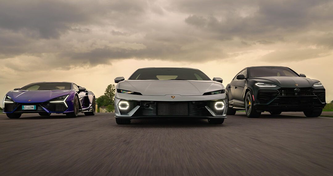 Three luxury vehicles cruise side by side on the highway under a cloudy sky, showcasing a silver Lamborghini from the new car deliveries, a purple sports car, and a black SUV.