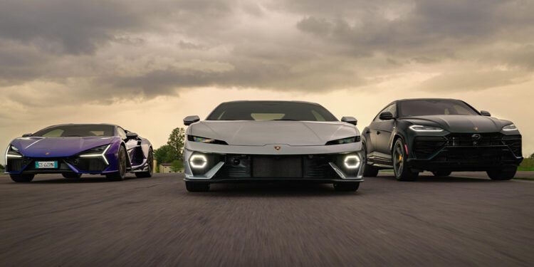 Three luxury vehicles cruise side by side on the highway under a cloudy sky, showcasing a silver Lamborghini from the new car deliveries, a purple sports car, and a black SUV.