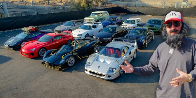 A person stands in front of a stunning lineup from Ron Tour, featuring an impressive array of supercars and hypercars parked in the lot.