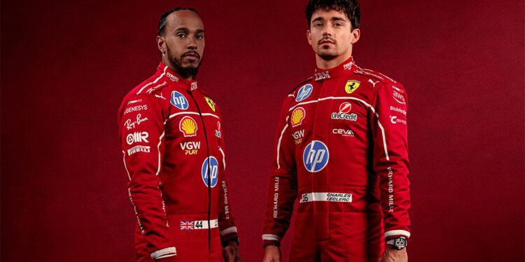 Two race car drivers in red jumpsuits with logos, holding helmets against a red backdrop. One appears to channel the finesse of Lewis Hamilton, while the other embraces the spirit of Scuderia Ferrari, echoing Charles Leclerc's relentless drive for victory.