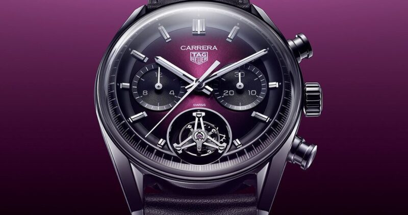 This top luxury watch features a deep purple gradient dial, silver markers, three subdials, and a leather strap set against a matching purple background. The iconic "Carrera" and "TAG Heuer" names are elegantly displayed on the dial, marking it a standout in lifestyle news.