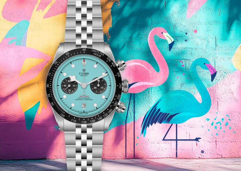 Jam tangan baja tahan karat TUDOR ditempatkan di depan mural cerah yang menampilkan flamingo merah muda dengan latar belakang Flamingo Biru dan merah muda.