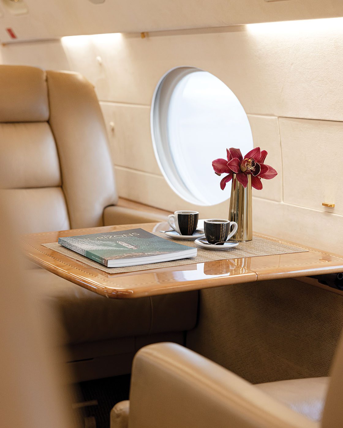 Fly Alliance offers an elevating experience with a private jet interior featuring beige leather seats, a side table adorned with two coffee cups, a book, and a vase of red flowers beside an oval window.