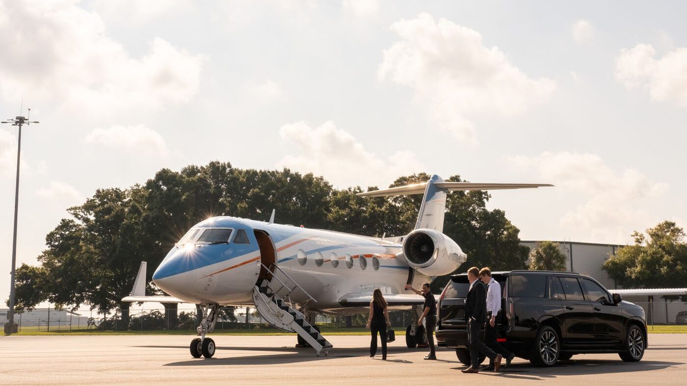 People elevating their travel experience board a private jet parked on an airfield next to a sleek black SUV under the radiant sun, highlighting the epitome of private aviation.