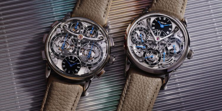 Displayed on a textured surface are two intricate mechanical watches with transparent dials and beige leather straps. One is a limited-edition LM by MB&F, marking their 20th anniversary in exquisite style.