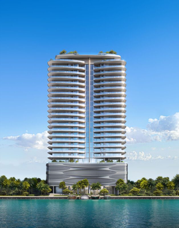 The luxury high-rise building, Pagani Residences, boasts glass balconies against a blue sky, surrounded by palm trees and water in the foreground.