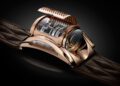 This luxury watch by Bugatti boasts a unique, rose gold case with a visible internal mechanism. It features a textured brown leather strap and intricate openwork design, embodying the brand's hypercar manufacturer precision and haute horology craftsmanship.