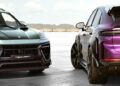 Two high-performance cars, a metallic blue and a metallic purple, are parked side by side on a concrete surface. Each exudes power and precision, with the TECHART MAGNUM silently hinting at the ultimate blend of style and performance.
