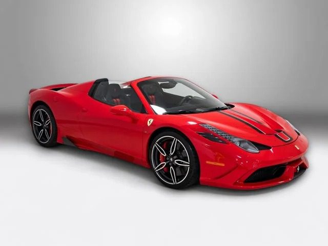 A red convertible sports car, reminiscent of modern Ferraris, boasts black stripes and five-spoke alloy wheels. Its sleek design is akin to the dynamic 458 Speciale, viewed stunningly from the front side.