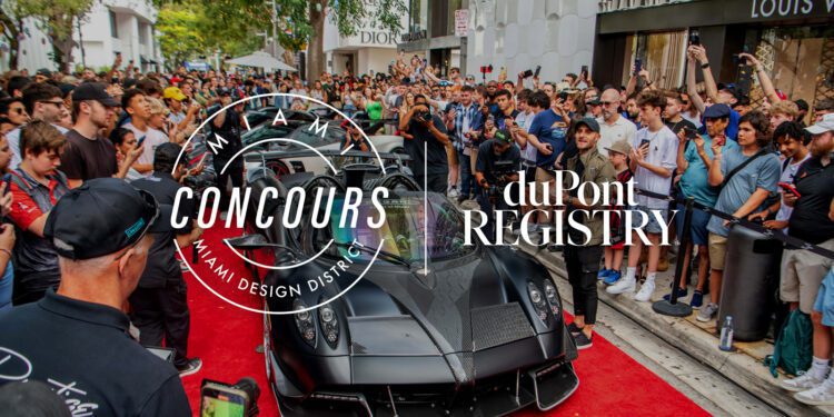 A luxury car graces the red carpet, drawing thousands in the Miami Design District during the Miami Concours 2025. The "Miami Concours" and "duPont Registry" logos appear, highlighting this supercar art event.