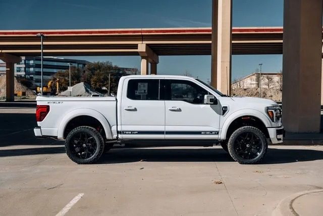 A white Ford F-150 Shelby with black wheels is parked outdoors under highway overpasses on a sunny day.