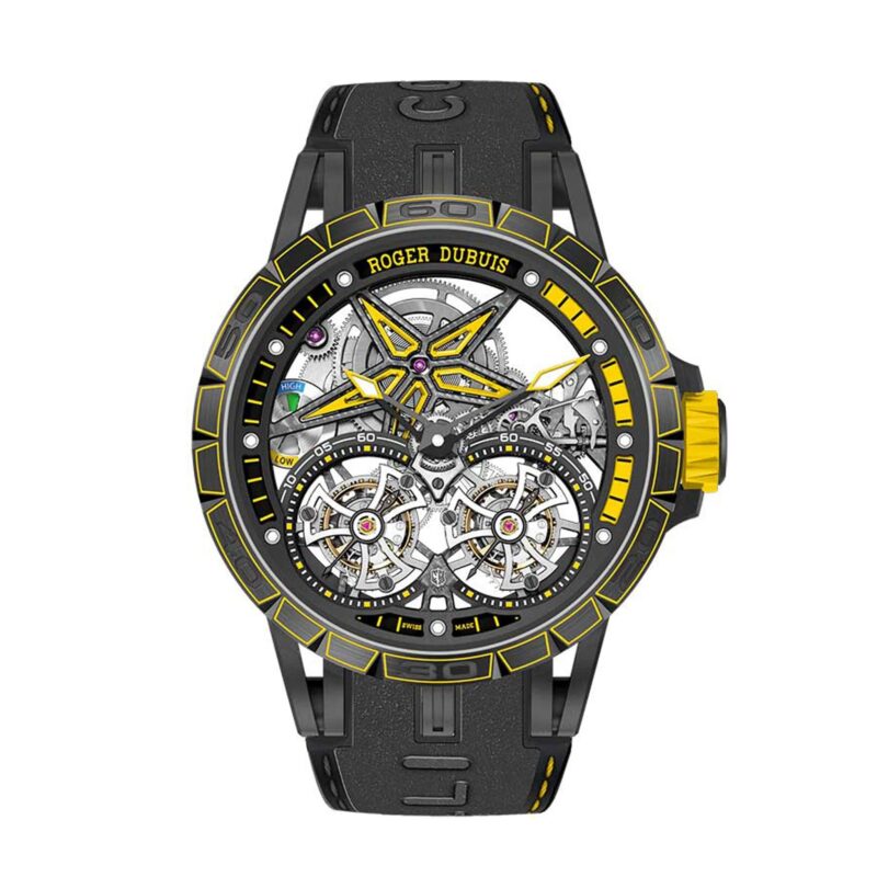 Discover one of the best luxury watches: a black and yellow timepiece with an intricate open-worked dial, featuring two visible tourbillons and a sleek black rubber strap.