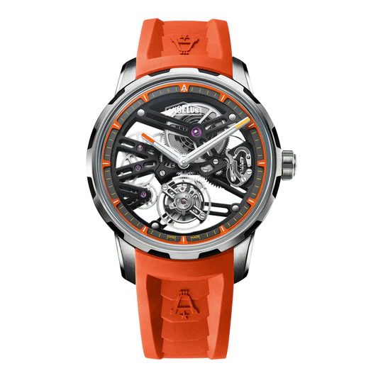 A wristwatch with an exposed mechanical design and an orange strap. The watch face features intricate gears and silver accents, making it a standout among the best luxury watches.