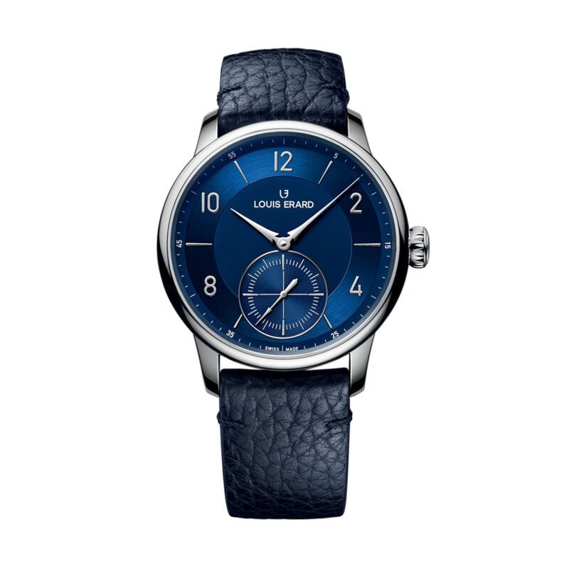 A wristwatch with a blue face, silver hour markers, and a small seconds circle. Featuring "Louis Erard" branding and a textured blue leather strap, it's among the best luxury watches for those who appreciate timeless elegance.