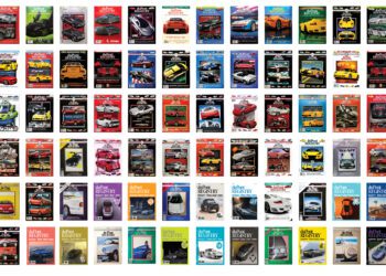 Celebrate the 40th Anniversary Issue with a collection of 80 automotive-themed magazines from duPont REGISTRY, showcasing an array of cover images featuring sleek cars and iconic models, all artfully arranged in a grid pattern.