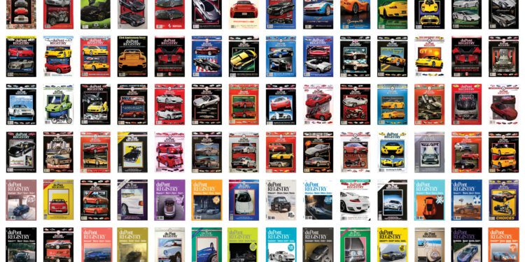 Celebrate the 40th Anniversary Issue with a collection of 80 automotive-themed magazines from duPont REGISTRY, showcasing an array of cover images featuring sleek cars and iconic models, all artfully arranged in a grid pattern.