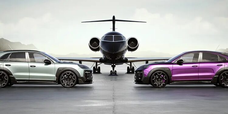 Two luxury cars, a silver TECHART MAGNUM and a purple Porsche Cayenne, are parked facing a private jet on an open tarmac with mountainous scenery in the background.