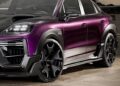 A customized purple Porsche Cayenne SUV with black detailing is parked, showcasing its large black wheels and sleek TECHART MAGNUM design features.