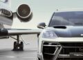 A Porsche Cayenne, enhanced by TECHART customizations, is parked beside a private jet on the tarmac, epitomizing luxury and precision in design.