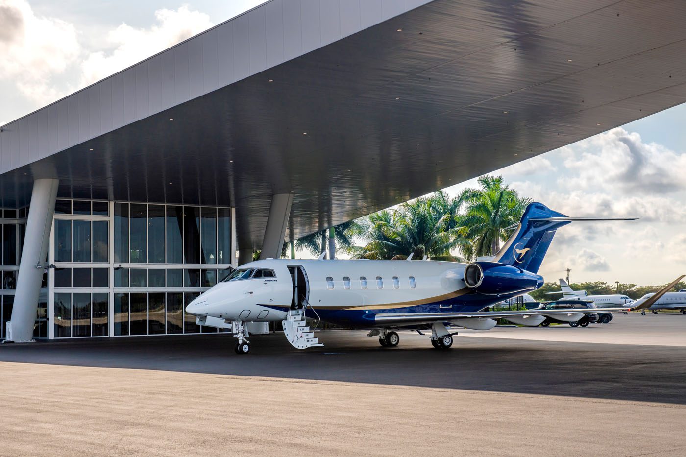 A private jet is parked under a modern canopy at an airport, with palm trees and a cloudy sky in the background.